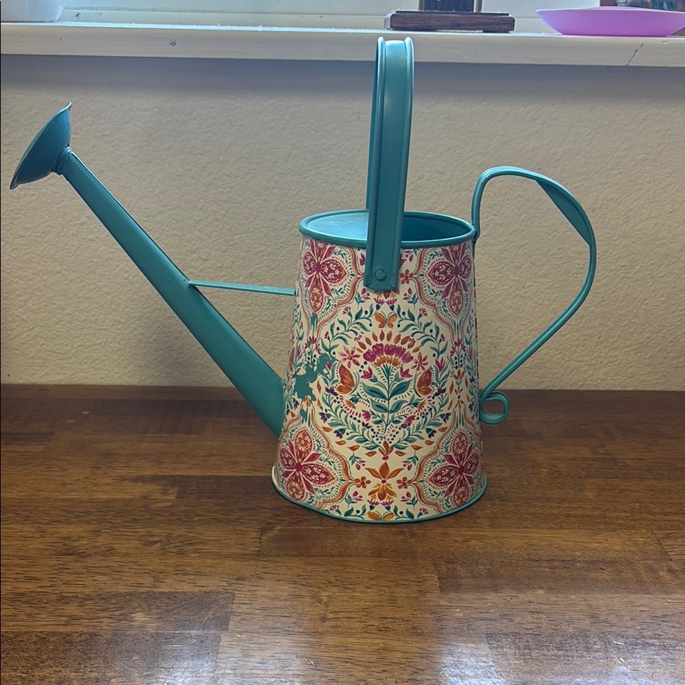 Floral Watering Can with Teal Accents